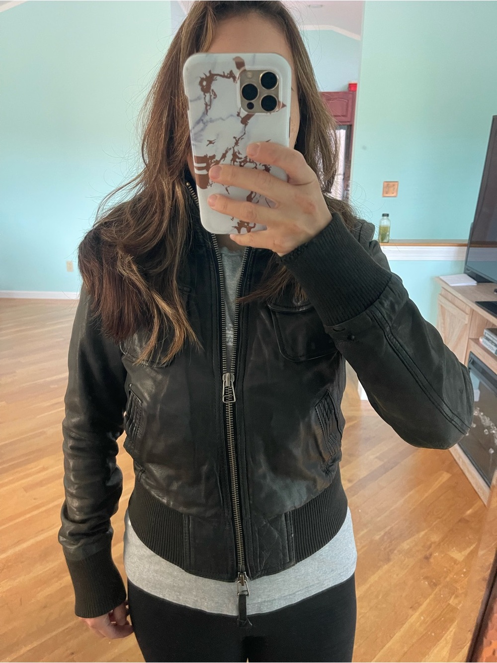 Women's Black Leather Bomber Jacket (Miss Top Gun) SIZE SMALL